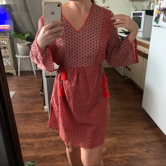 Boden Red Floral Print Tunic Dress Tassel Pom Pom - Picture 2 of 13